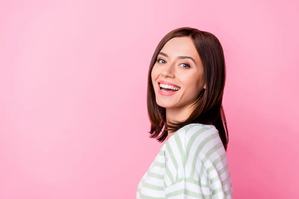 Happy woman in striped shirt