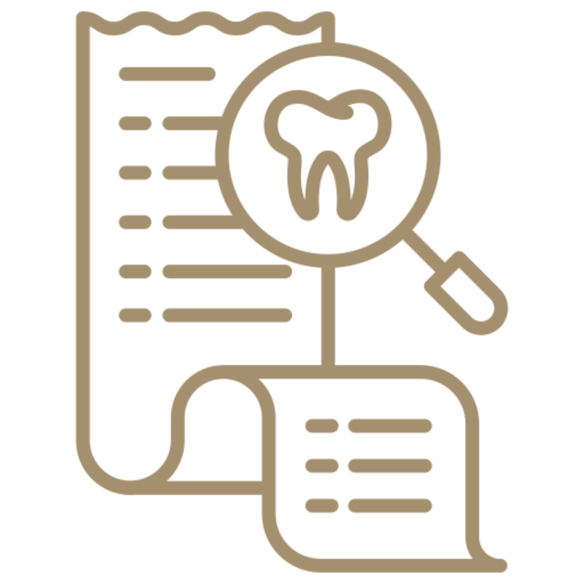 Magnifying glass hovering over a document with a tooth on it, suggesting that the document is related to dental care