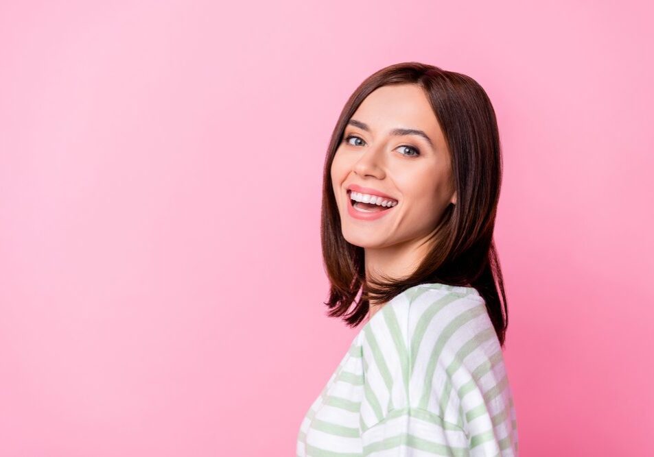 Happy woman in striped shirt